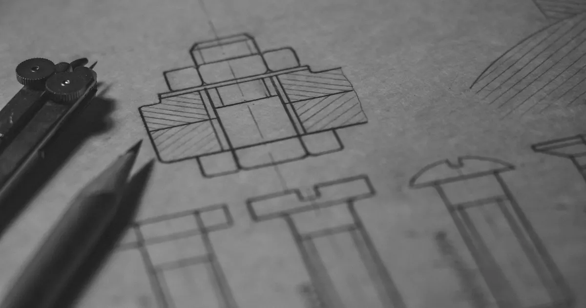 Pencil and technical drawing sheets showing part outlines, used to mark up an engineering change order